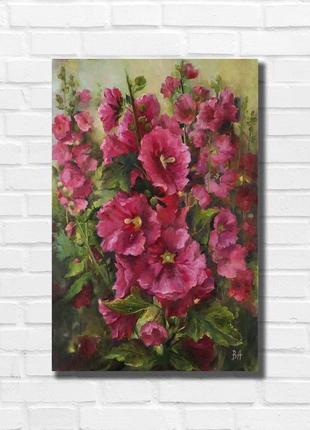Картина маслом "мальва в саду" 45×35 см, полотно на підрамнику, олія