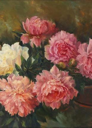 Картина маслом "півонії" 35×45 см, полотно на підрамнику, олія