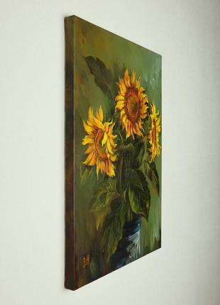 Картина маслом "три соняшнику" 40×30 см, полотно на підрамнику, олія4 фото