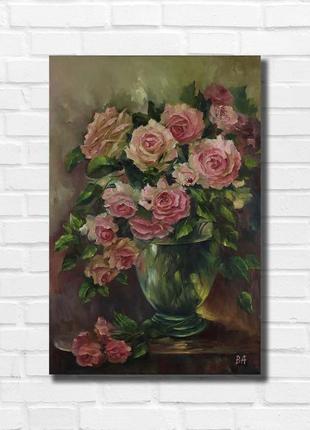 Картина маслом "троянди у вазі" 45×30 см, полотно на підрамнику, олія2 фото