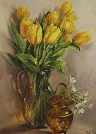 Картина маслом "жовті тюльпани" 45×30 см, полотно на підрамнику, олія1 фото