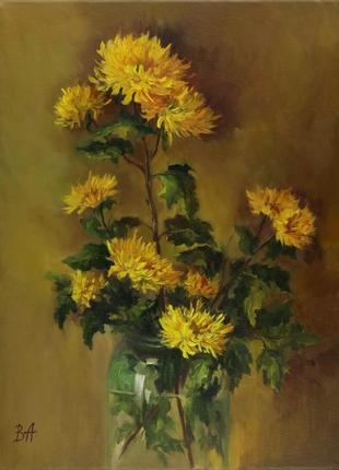 Картина маслом "жёлтые хризантемы" 40×30 см, холст на подрамнике, масло2 фото