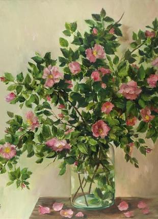 Картина маслом "цвет шиповника" 55×45 см, холст на подрамнике, масло