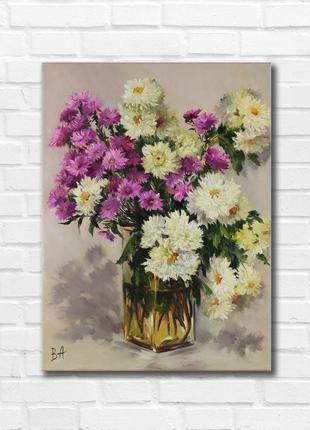 Картина олією "квіти жовтня" 40×30 см, полотно на підрамнику, олія2 фото