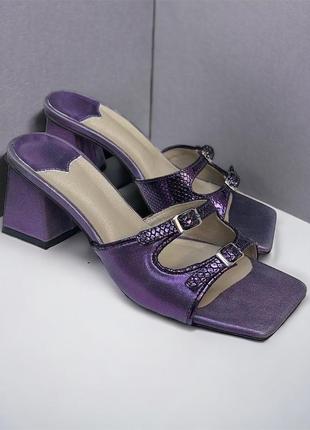 Фиолетовые сабо с квадратным носком кожа натуральная каблук клин 36-41