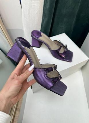 Фиолетовые сабо с квадратным носком кожа натуральная каблук клин 36-41