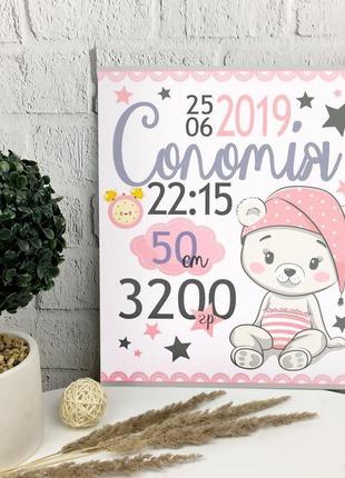 Детская именная метрика из дерева для девочки