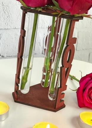 Стильна дерев'яна ваза для квітів зі скляними пробірками5 фото