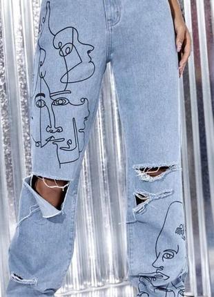 Стильные голубые женские джинсы shein с рисунком/модные рваные джинсы мом с высокой посадкой1 фото