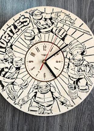 Круглий оригінальний настінний годинник з дерева «черепашки-ніндзя» cl-0269