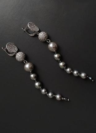 Сережки перлові доріжки" в сріблясто-сірому2 фото