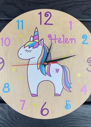 Іменний настінний годинник з єдинорогом в кімнату дівчинки cl-06961 фото