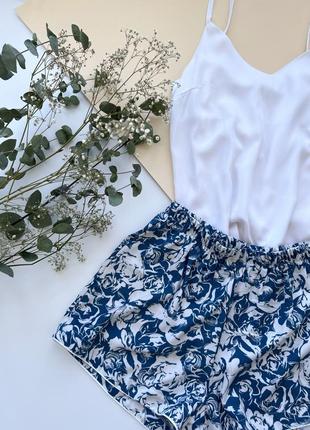 Пижама штапель вискоза в цветы синий белый майка шорты штаны халат