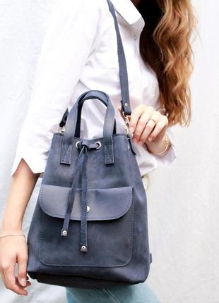 Кожаный женский рюкзак "торба" кожа crazy horse, цвет синий1 фото