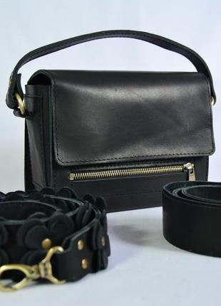 Шкіряна жіноча сумочка через плече чорна "азалія"3 фото