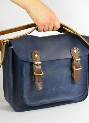 Кожаная женская сумка "биг-сетчел" кожа crazy horse, цвет синий2 фото