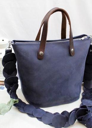 Кожаная женская сумочка "лукошко" кожа crazy horse, цвет синий3 фото