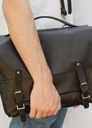 Кожаная мужская сумка "биг" кожа краст, цвет черный4 фото