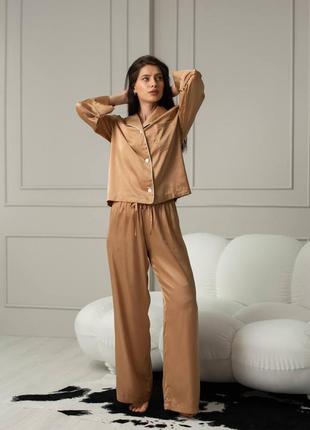 Пижама женская рубашка на пуговицах и штаны шелк кант деми 2 цвета7 фото