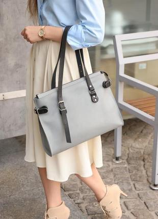 Шкіряна жіноча сумка "келлі" шкіра гранд, колір сірий, об'ємна сумка, містка сумка1 фото