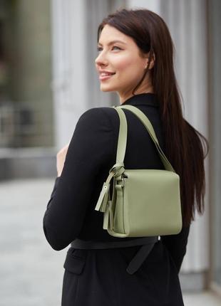 Шкіряна жіноча сумка "коробочка" шкіра гранд (grand), колір оливка7 фото