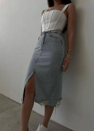 Женская джинсовая юбка миди с разрезом спереди, классическая юбка, джинс, прямая, карандаш, облегающая, приталенная, голубая, синяя7 фото