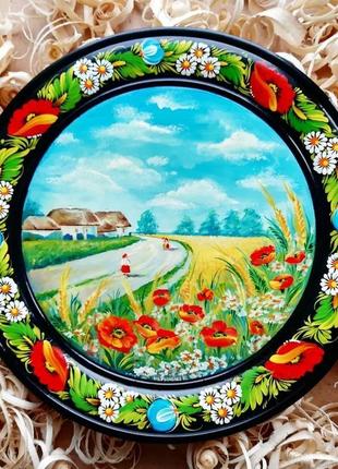 Сувенирная деревянная тарелка с петриковской росписью