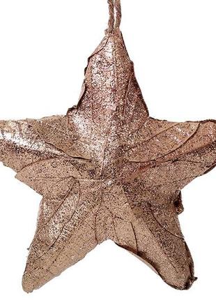 Новорічний підвісний декор зірка з натуральних листочків бронза з блискітками - 4 шт упаковка товар від виробника