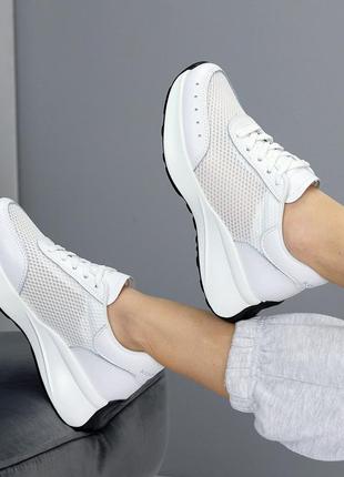 Базові літні білі кросівки натуральна шкіра флотар + текстильна сітка 2098110 фото