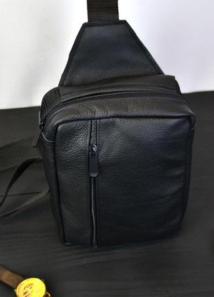 Сумка мужская - кожаная, нагрудная сумка слинг кожаная черная на px-216 3 кармана4 фото