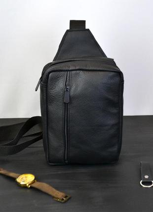 Сумка мужская - кожаная, нагрудная сумка слинг кожаная черная на px-216 3 кармана
