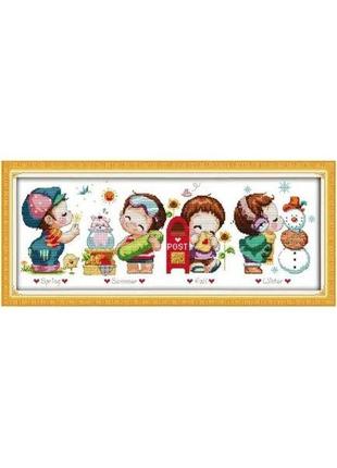 Набор для вышивания по нанесённой на канву схеме "the four seasons boy". aida 14ct printed 59*27 см