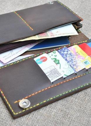 Коричневый кожаный кошелек с контрастной нитью  k41-450+multicolor1 фото