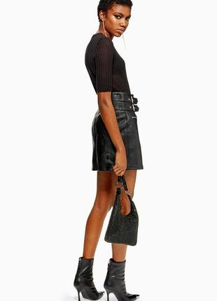 Кожаная чёрная мини юбка с молнией посередине, юбка из экокожи topshop h&m🔥2 фото