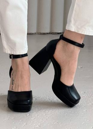 Элегантные женские открытые туфли на каблуке черные с ремешком квадратный блочный каблук туфельки с квадратным носком с ремешком туфлы bratz1 фото