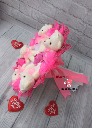 Рожевий букет із 5- ти плюшевих ведмедиків дитячий букет іграшки3 фото