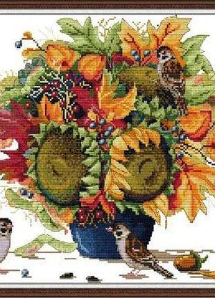 Набір для вишивання за нанесеною на канву схемою "sparrow and flowers".aida 14ct printed , 38*37 см