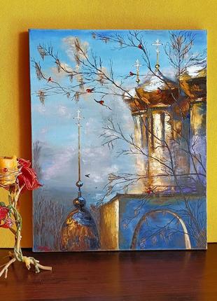 Картина олійними фарбами храм церква птахи небо інтер'єр