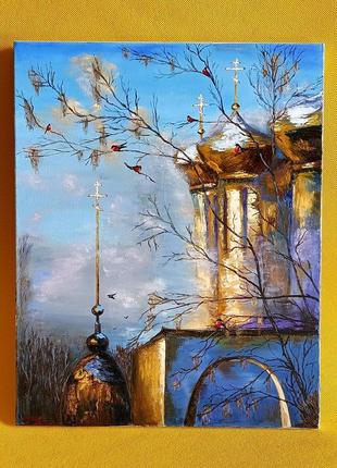 Картина олійними фарбами храм церква птахи небо інтер'єр8 фото