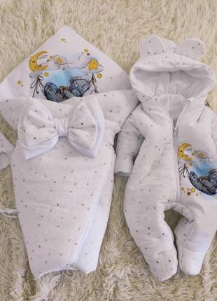 Комплект одежды из муслина 3 предмета для новорожденных, белый с принтом мишка в гамаке