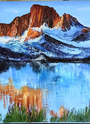 Картина олійними фарбами озеро гори ліс природа пейзаж інтер'єр4 фото