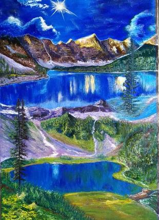 Картина олійними фарбами озеро гори ліс природа пейзаж інтер'єр9 фото
