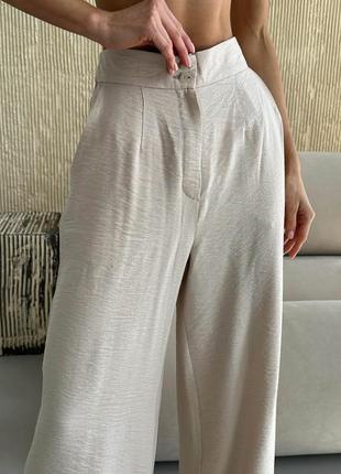 Штани-кюлоти жіночі літні лляні прямого крою широкі оверсайз із кишенями, бежеві2 фото