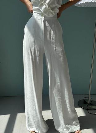 Штани-кюлоти жіночі літні лляні прямого крою широкі оверсайз із кишенями, білі