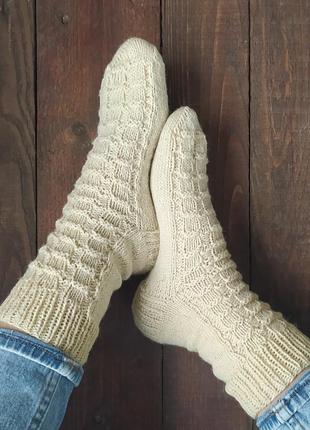 Ажурні в'язані теплі вовняні шкарпетки молочного кольору