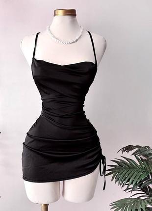 Платье мини приталенное на брителях на затяжках качественная стильная трендовая черная бежевая