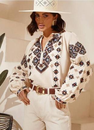 Молочная блузка оверсайз с объемными рукавами, с вышивкой, из качественной ткани, стильная качественная трендовая3 фото