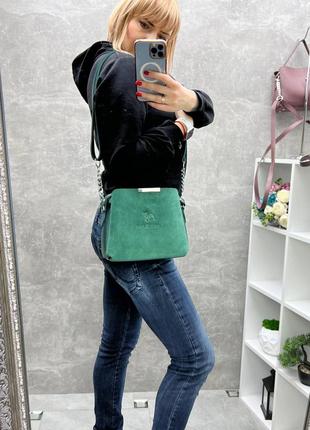 Стильна жіноча сумка з замші та штучної шкіри зелена сумочка3 фото