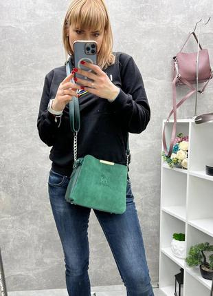 Стильна жіноча сумка з замші та штучної шкіри зелена сумочка2 фото