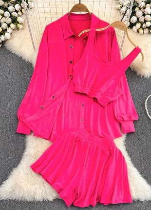 Костюм рубашка свободного кроя с длинными рукавами рубашка топ укороченная майка мини шорты юбка комплект розовый зеленый серый черный оранжевый10 фото